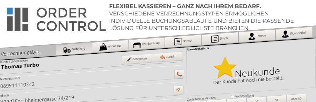 Order-Control-Banner zu verschiedenen Verrechnungstypen mit Kassenoberfläche und Kundeneingabe