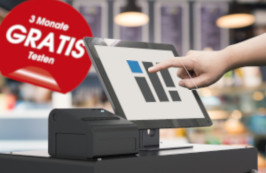 Order-Control-Kassenterminal mit Bondrucker und Hinweis „3 Monate gratis testen“
