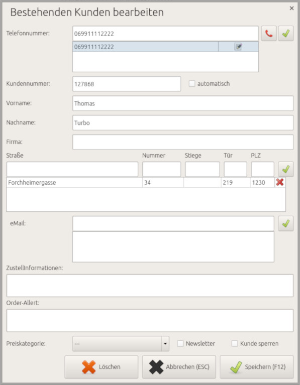 Formular zur Kundeneingabe in Order-Control mit Kontakt- und Adressfeldern