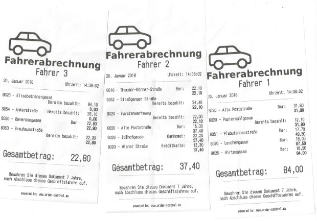 Gedruckte Fahrerabrechnungen für mehrere Zusteller mit einzelnen Fahrten und Gesamtbeträgen