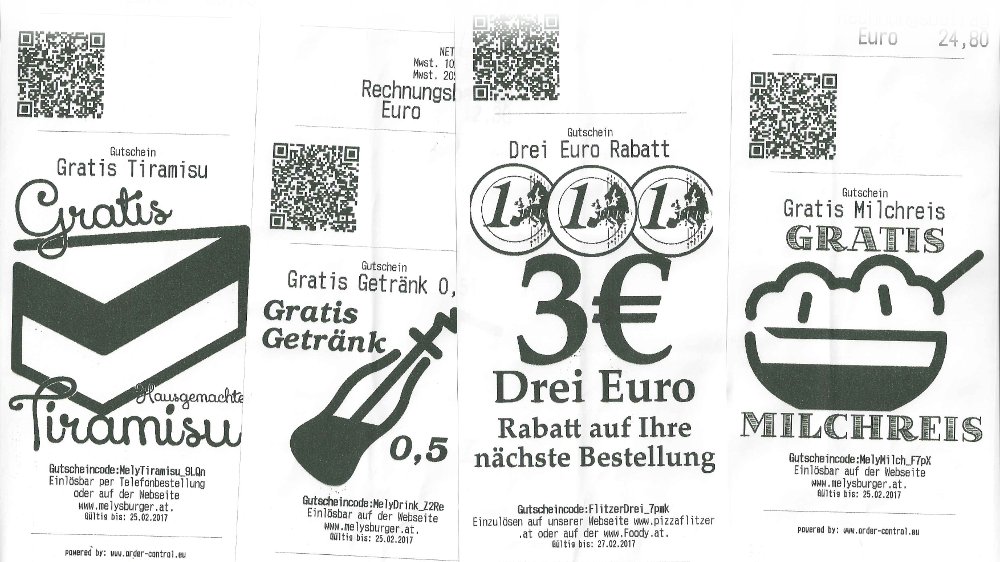 Beispiele für Restaurantgutscheine mit QR-Codes: Gratis-Tiramisu, Gratis-Salat, Drei-Euro-Rabatt und Gratis-Milchreis