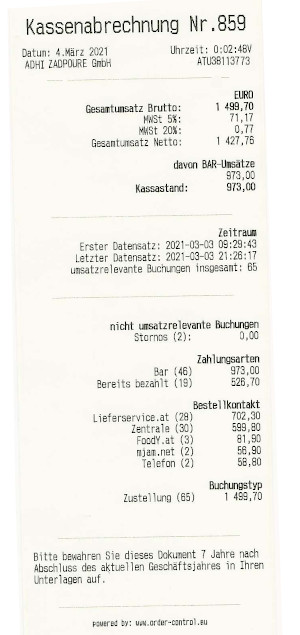 Gedruckte Kopie einer Kassenabrechnung aus Order-Control