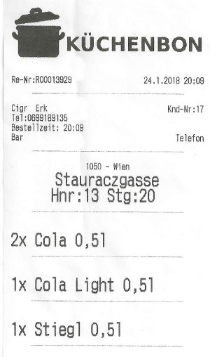 Ausgedruckter Küchenbon mit bestellten Speisen und Stückzahlen
