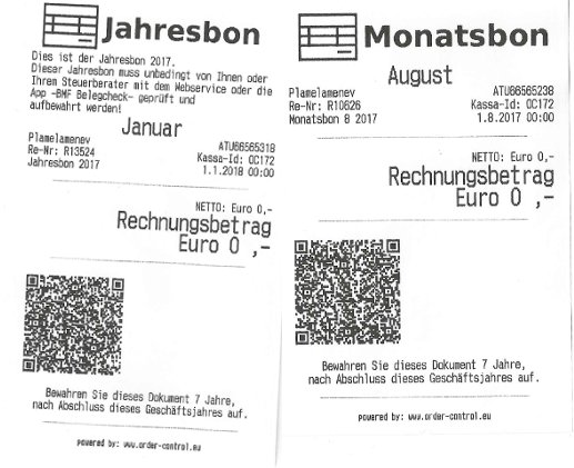 Beispiele für Monats- und Jahresbons von Order-Control mit QR-Codes