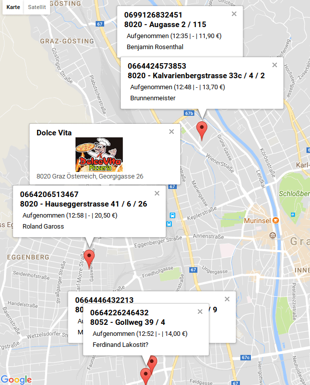 Google-Maps-Karte mit eingeblendeten Bestellinformationen zur Zuordnung von Lieferadressen