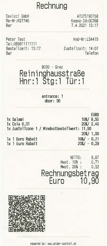 Beispielrechnung aus Order-Control mit Euro-Rabatt und QR-Code