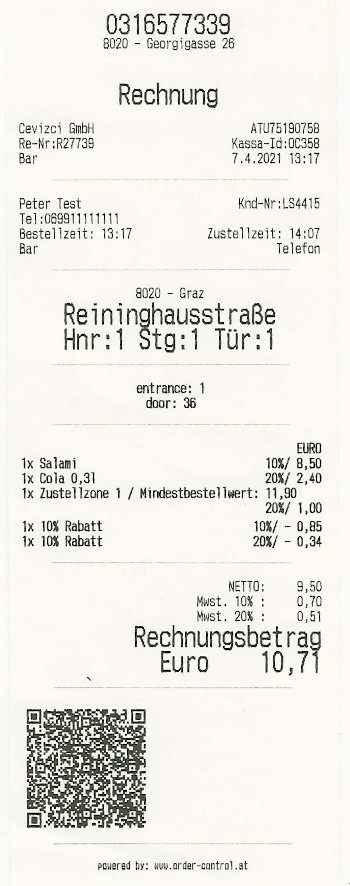 Beispielrechnung aus Order-Control mit prozentualem Rabatt und QR-Code