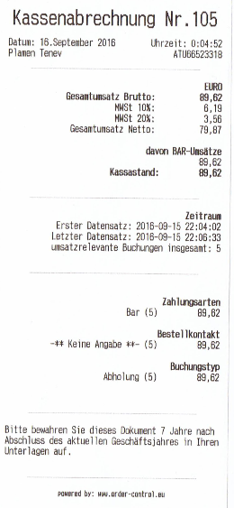 Gedruckte Kassenabrechnung aus Order-Control als Beispiel für Rundungsdifferenzen bei Tagesabrechnungen