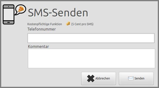 Dialog „SMS-Senden“ in Order-Control mit Feldern für Telefonnummer und Nachricht