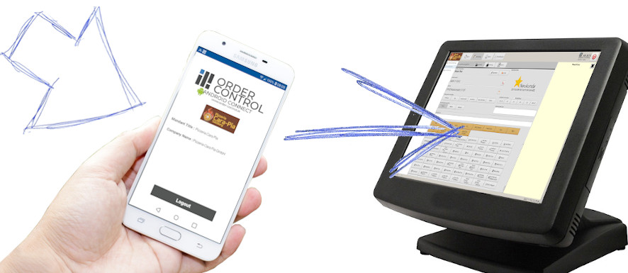 Order-Control Android Connect mit Smartphone, Kassenterminal und Pfeilen für die Datenübertragung