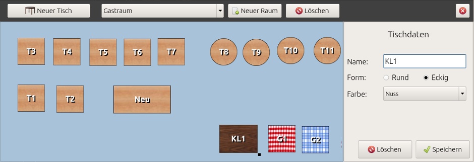 Tischeditor in Order-Control zum Anlegen von Räumen und runden oder rechteckigen Tischen