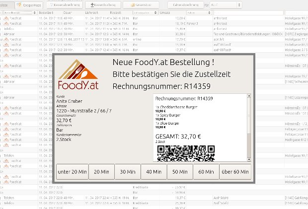 Dialog zur Übernahme einer neuen FoodY.at-Bestellung in Order-Control