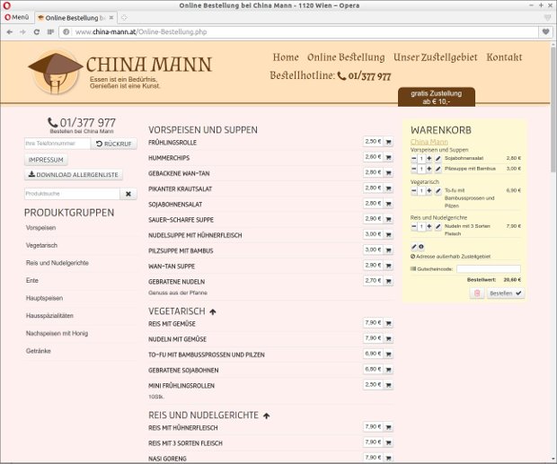 Online-Speisekarte von China-Mann mit Bestellformular und Warenkorb
