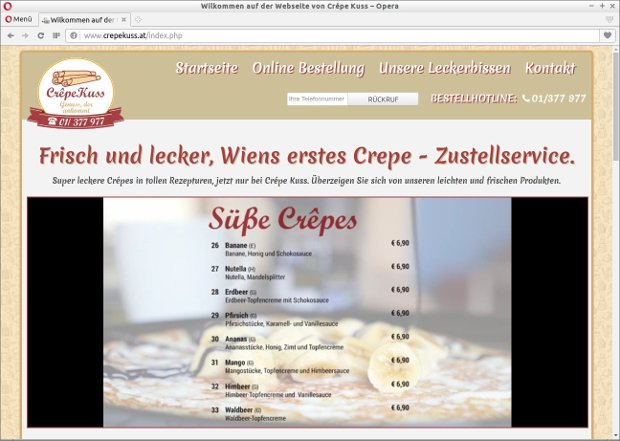 Restaurant-Webseite von Crêpe Kuss mit einer Übersicht der angebotenen Crêpes