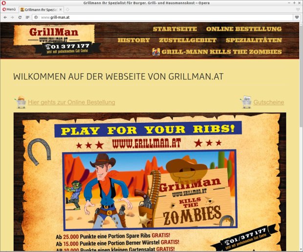 Restaurant-Webseite von Grillmann mit Online-Bestellung und dem Spiel „Grillmann Kills the Zombies“