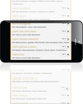Online-Bestellformular einer Restaurant-Webseite auf einem Smartphone im Querformat