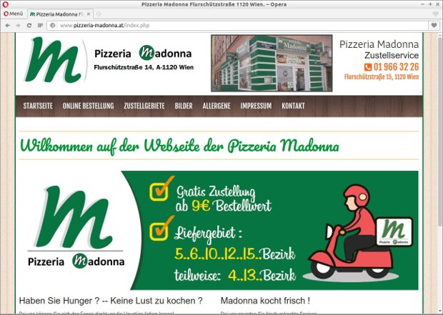 Restaurant-Webseite der Pizzeria Madonna mit Speiseangeboten und Online-Bestellung