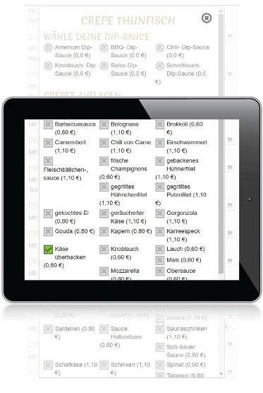 Online-Speisekarte und Bestellformular einer Restaurant-Webseite auf einem Tablet