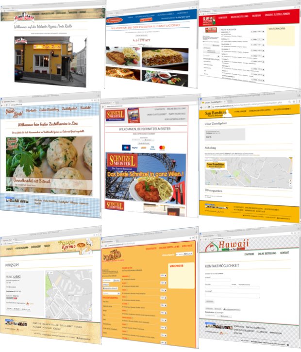 Übersicht verschiedener Restaurant-Webseiten mit individueller Gestaltung und Online-Bestellung