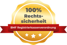Grafik mit dem Siegel „100 % Rechtssicherheit“ und dem Hinweis auf die BMF-Registrierkassenverordnung