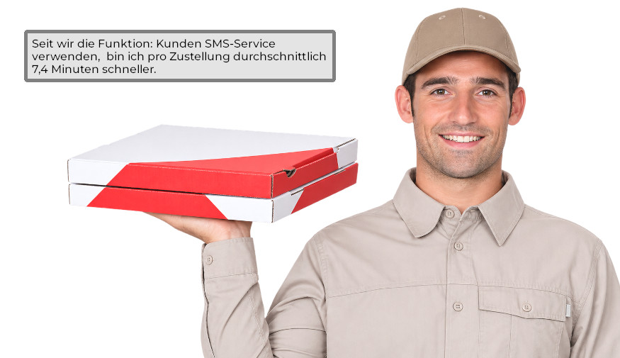Pizzazusteller mit Lieferkarton und Hinweis auf die automatische Kunden-SMS vor der Zustellung