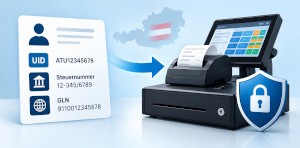 Grafik mit Firmendaten, Registrierkasse, Österreich-Symbol und Sicherheitsschild zum Ordnungsbegriff