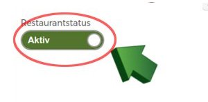 Aktivierter Restaurantstatus mit markiertem Schalter für die FoodY.at-Listung