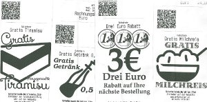 Restaurantgutscheine mit QR-Codes für Gratisprodukte und Drei-Euro-Rabatt