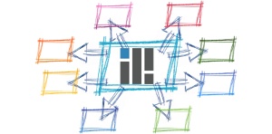 Order-Control-Bildzeichen mit vernetzten Bildschirm-Symbolen als Illustration des Partnersystems
