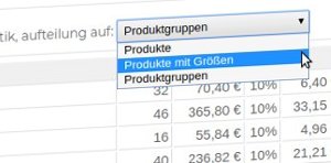 Auswahl zwischen Produkten, Produkten mit Größen und Produktgruppen in der Order-Control-Artikelliste
