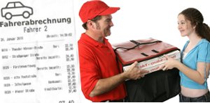 Pizzazusteller bei der Übergabe einer Bestellung und ein Beispiel für eine Fahrerabrechnung
