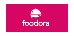 foodora-Logo auf pinkem Hintergrund als Hinweis auf die Bestellschnittstelle