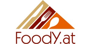 FoodY.at-Logo mit stilisierten Hausdächern und Besteck