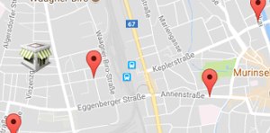 Google-Maps-Karte mit markierten Lieferadressen