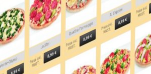 Online-Speisekarte mit Pizzaangeboten und Schaltflächen zur Bestellung