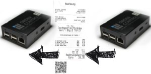 Zwei Order-Control-Mini-PCs mit Verbindungspfeilen und einem Kassenbon als Symbol für die Synchronisierung